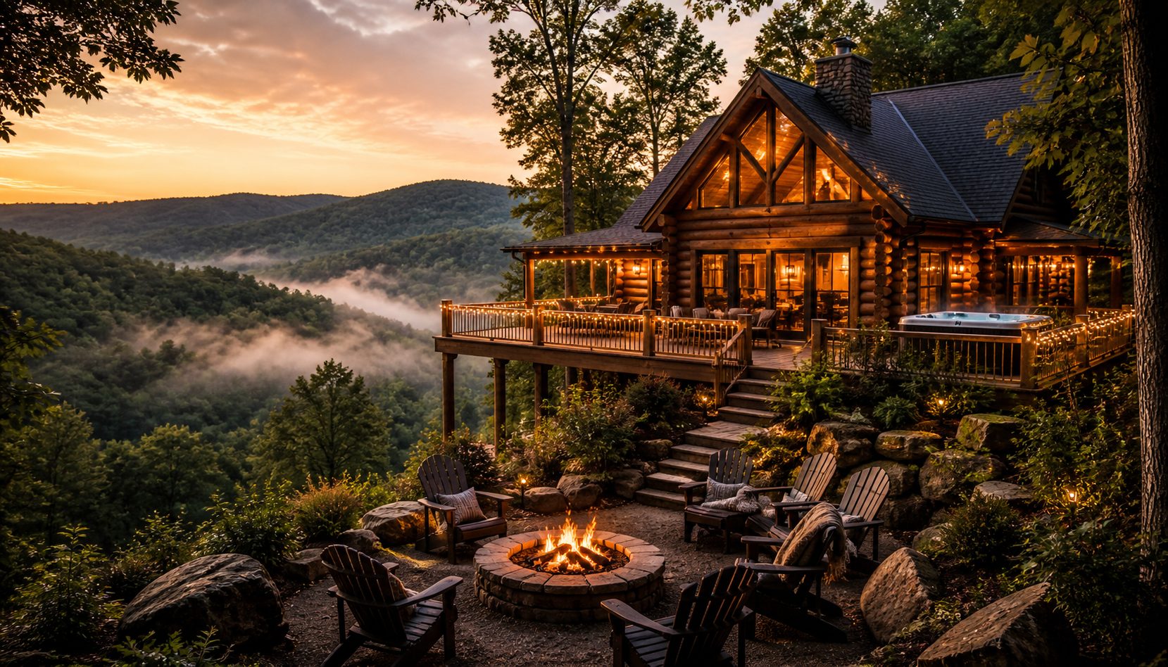 Luxury cabin overlooking the Hocking Hills at golden hour